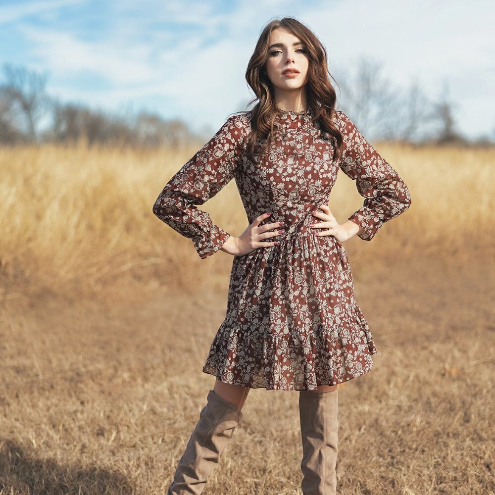 Emmi's Label Paisley Print Mock Neck Dress Brown Sz Small bohemian cottagecore